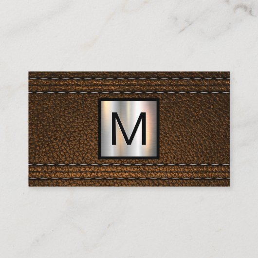 Monogramm Metallic | Doppelhaltiges braunes Leder Visitenkarte (Vorderseite)