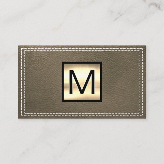 Monogramm Metallic | Doppelstickiges Sepia Leather Visitenkarte (Vorderseite)