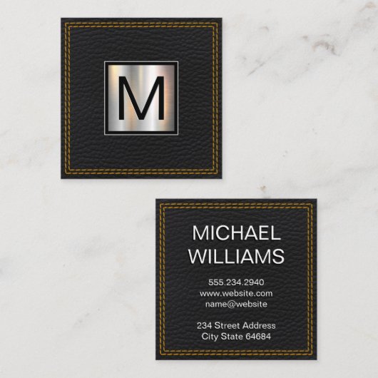 Monogramm Metallic | Leather Black Double Stitstar Quadratische Visitenkarte (Vorne/Hinten)