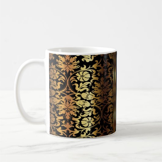 Monogramm-metallisches Gold und schwarzer Damast Kaffeetasse (Links)