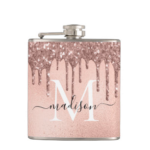 Monogramm Metallisches Roségold Rosa Glittertropfe Flachmann