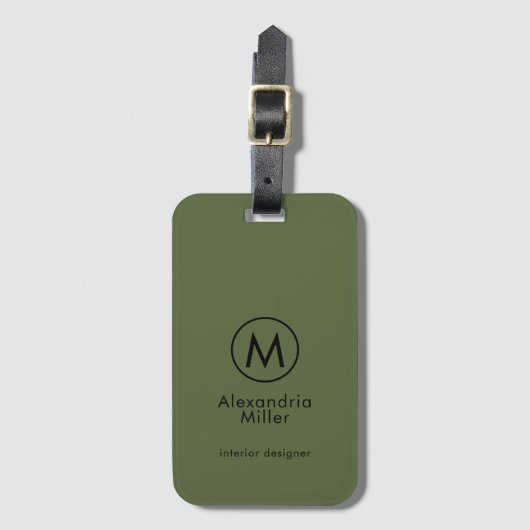 Monogramm Minimal Olive Green Black Gepäckanhänger (Vorderseite Vertikal)