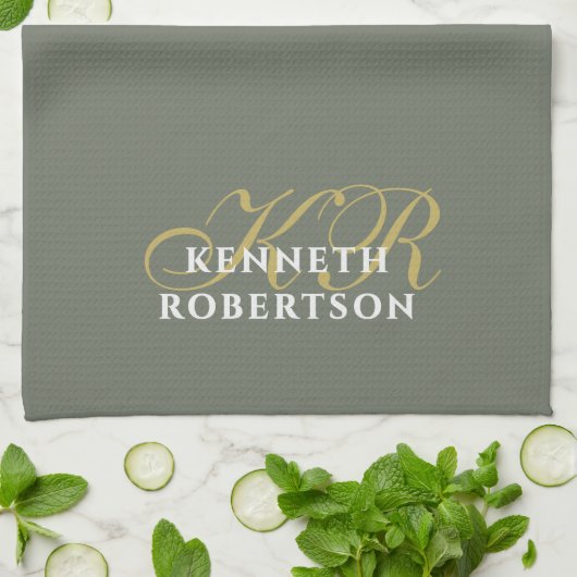 Monogramm Minimalist Olivgrün Gold Weiß Männer Geschirrtuch (Gefaltet)
