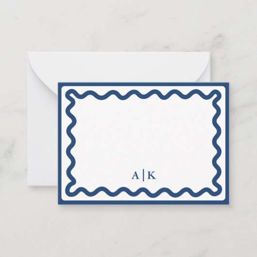 Monogramm Minimalistisch Navy Blue Wavy Border Mitteilungskarte (Vorderseite)