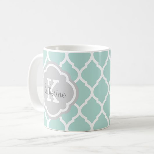Monogramm Minze und Graue marokkanische Quatrefoli Kaffeetasse (Vorderseite Links)