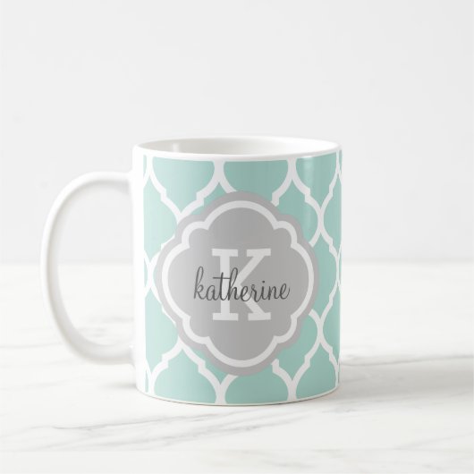 Monogramm Minze und Graue marokkanische Quatrefoli Kaffeetasse (Links)