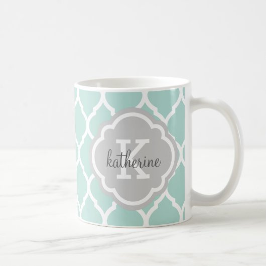 Monogramm Minze und Graue marokkanische Quatrefoli Kaffeetasse (Rechts)