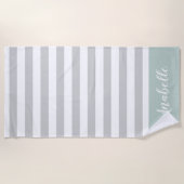 Monogramm Minze und graue Streifen | Editierbare F Strandtuch (Vorderseite)