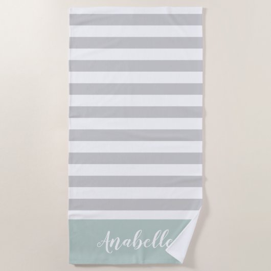 Monogramm Minze und graue Streifen | Editierbare F Strandtuch (Vorderseite)