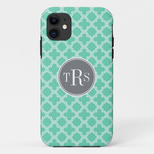 Monogramm Minze und Graues Quatrefolienmuster Case-Mate iPhone Hülle (Rückseite)