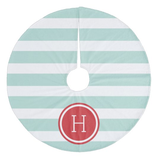 Monogramm Minze und Rote Preppy-Streifen Fleece Weihnachtsbaumdecke (Vorderseite)