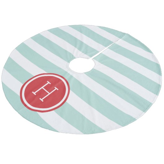 Monogramm Minze und Rote Preppy-Streifen Fleece Weihnachtsbaumdecke (Schrägansicht)