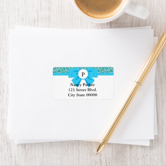 Monogramm mit blauem Ribbon mit Muster Adressaufkleber (Insitu)