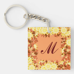 Monogramm mit Blumen gerahmt - Kakao und Gelb Schlüsselanhänger