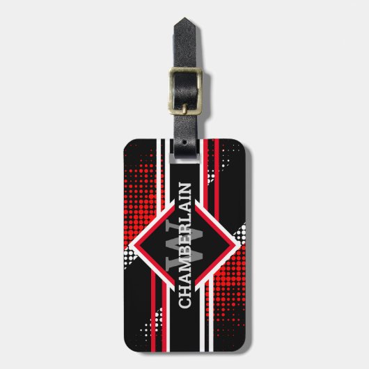 Monogramm mit Doppellinien auf rot-weiß und schwar Gepäckanhänger (Vorderseite vertikal)