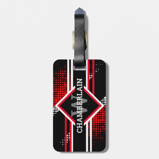 Monogramm mit Doppellinien auf rot-weiß und schwar Gepäckanhänger (Rückseite vertikal)