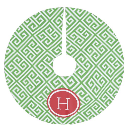 Monogramm mit grünem und rotem griechischem Schlüs Polyester Weihnachtsbaumdecke (Vorderseite)