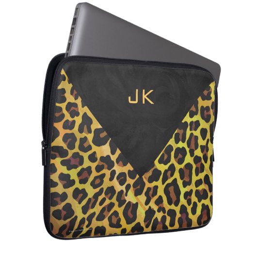 Monogramm mit Leopard Brown und Gelb Laptopschutzhülle (Vorne Rechts)