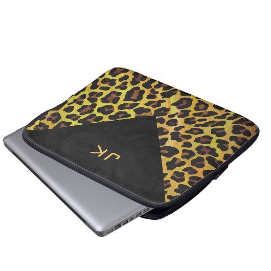 Monogramm mit Leopard Brown und Gelb Laptopschutzhülle (Vorne Knopf)