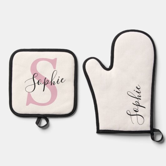 Monogramm mit neuem Personalisierten Namen Pink Ofenhandschuh & Topflappen-Set (Vorderseite)
