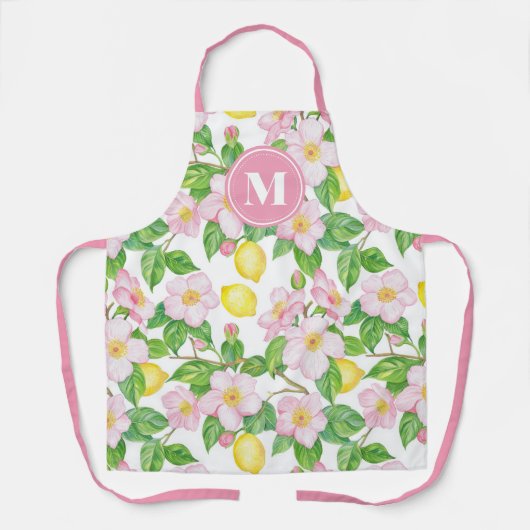 Monogramm mit rosa floralem Zitronenmuster Schürze (Vorderseite)