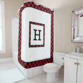 Monogramm mit Rot-Schwarz-Buffalo-Karo-Grenze Duschvorhang (Beispiel)