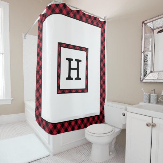 Monogramm mit Rot-Schwarz-Buffalo-Karo-Grenze Duschvorhang (Beispiel)