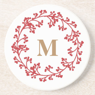 Monogramm mit rotem Weihnachtsbeer-Kranz-Unterlege Getränkeuntersetzer