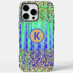 Monogramm Modern Meerjungfrau Glitter Grün Blau iPhone 16 Pro Max Hülle