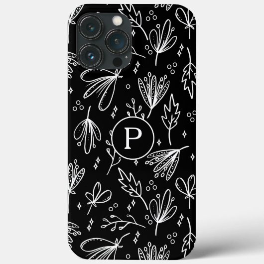 Monogramm Modern Schwarz-Weiß-Blumenmuster Case-Mate iPhone Hülle (Rückseite)
