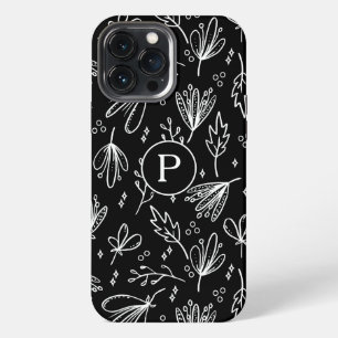 Monogramm Modern Schwarz-Weiß-Blumenmuster iPhone 13 Pro Max Hülle