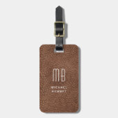 Monogramm Moderne Braun Fauxleder-Textur Gepäckanhänger (Vorderseite vertikal)