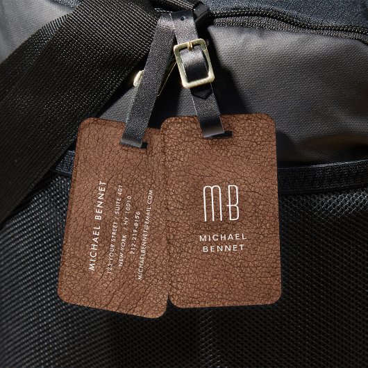 Monogramm Moderne Braun Fauxleder-Textur Gepäckanhänger