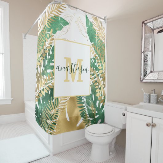 Monogramm moderner goldgrüner tropischer Blätter Duschvorhang (Beispiel)