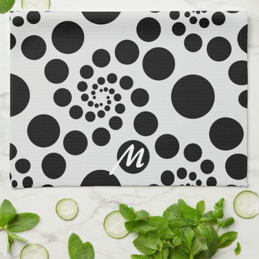 Monogramm moderner Schwarz-Weiß-Dot-Wirbel Geschirrtuch (Gefaltet)