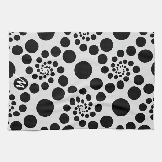 Monogramm moderner Schwarz-Weiß-Dot-Wirbel Geschirrtuch (Horizontal)
