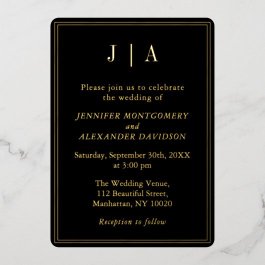 Monogramm Modernes einfaches Schwarz-Gold-Hochzeit Folieneinladung (Vorderseite)