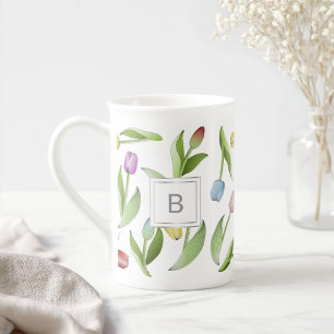 Monogramm Modernes Farbige Tulpen Blumenmuster Porzellantasse