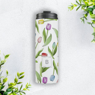 Monogramm Modernes Farbige Tulpenmuster Thermosbecher
