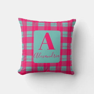 Monogramm Modernes Kariertes Hot Pink Minze Kissen