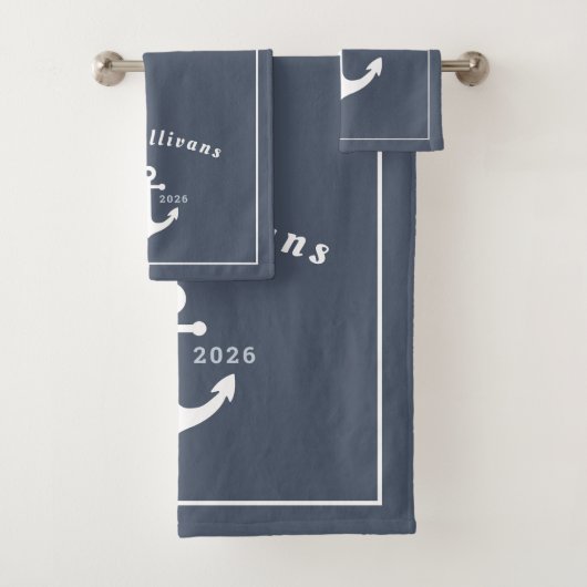 Monogramm Modernes Küstenanker Denim Blau Weiß Badhandtuch Set (Insitu)