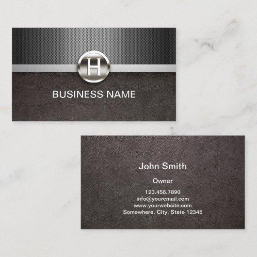 Monogramm-modernes Leder u. Metall beruflich Visitenkarte (Vorne/Hinten)