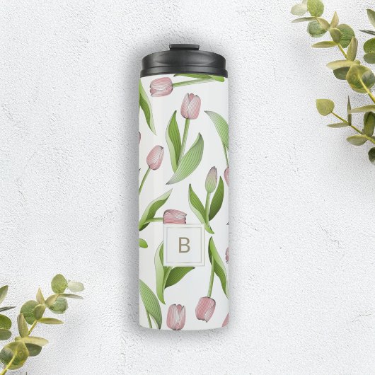 Monogramm Modernes rosa Tulip Muster Thermal Tumbl Thermosbecher
