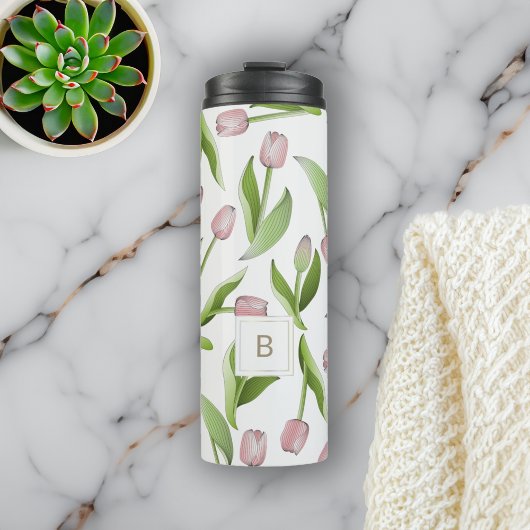 Monogramm Modernes rosa Tulip Muster Thermal Tumbl Thermosbecher