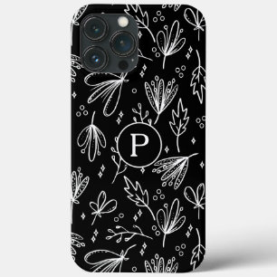 Monogramm Modernes Schwarz-weißes Blumenmuster Case-Mate iPhone Hülle