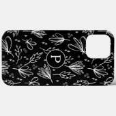 Monogramm Modernes Schwarz-weißes Blumenmuster Case-Mate iPhone Hülle (Rückseite (Horizontal))
