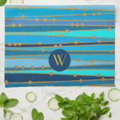 Monogramm monochrome blaue Wellenstreifen Faux-Gol Geschirrtuch (Gefaltet)