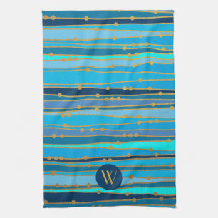 Monogramm monochrome blaue Wellenstreifen Faux-Gol Geschirrtuch