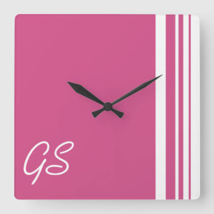 Monogramm-Moosbeerrosa-Trio-Streifen mit Weiß Quadratische Wanduhr