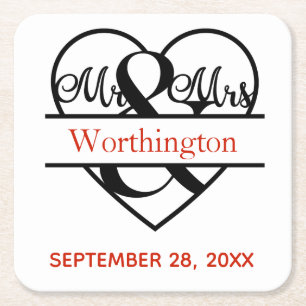 Monogramm Mr. und Mrs. rote schwarze Hochzeit  Rechteckiger Pappuntersetzer